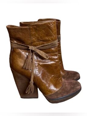 Hinge Brown Leather Ankle Platform Boho Western Booties  with Tassel Size 8